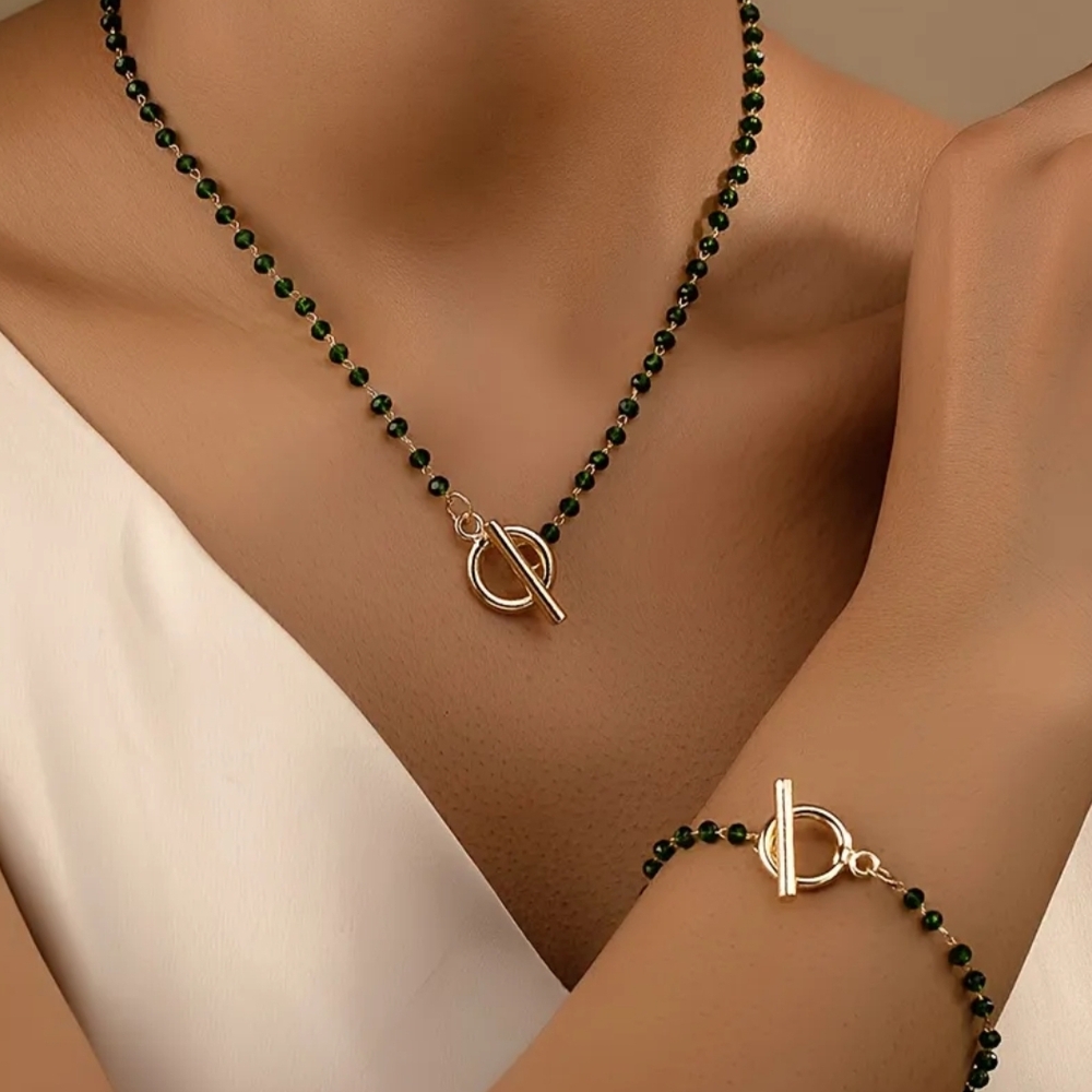 Gold Green Beaded Necklace Set